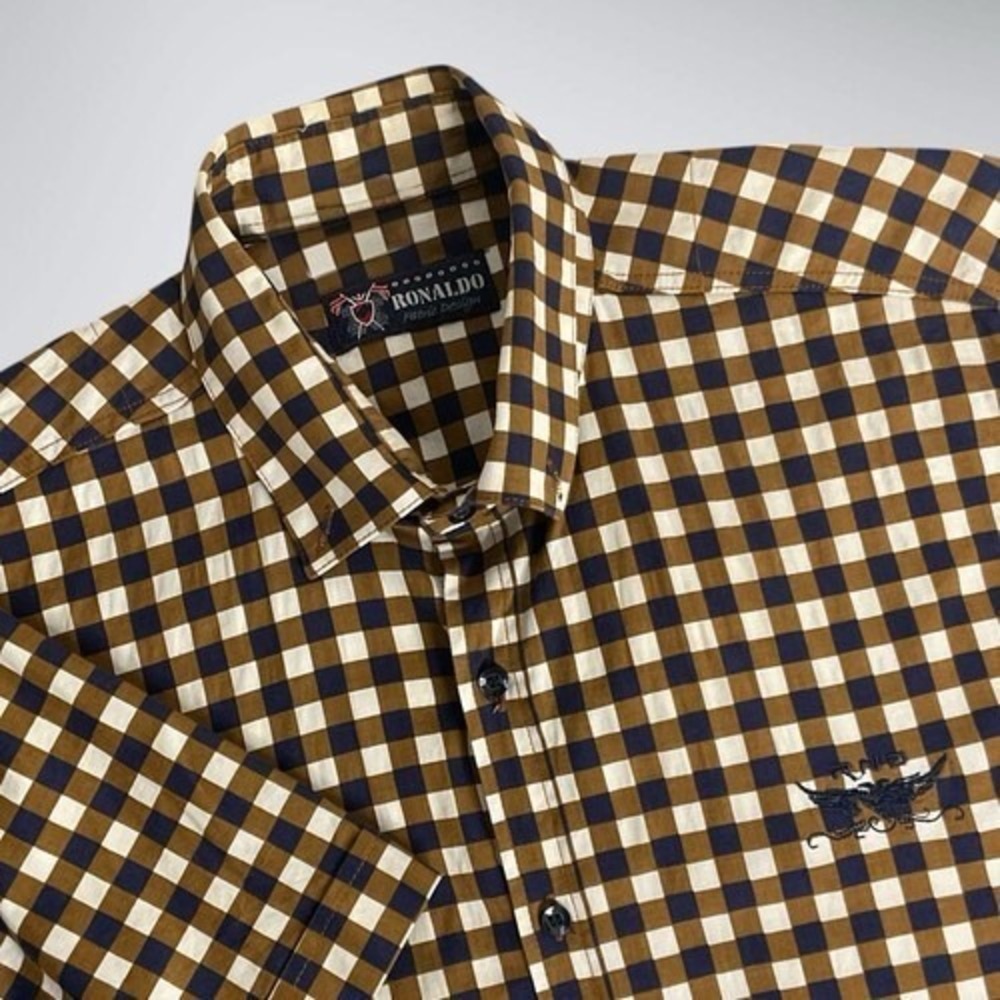 Ronaldo Beige/Navy Plaid Logo RND Long Sleeve Button Up Shirt Men XL Turkey‎